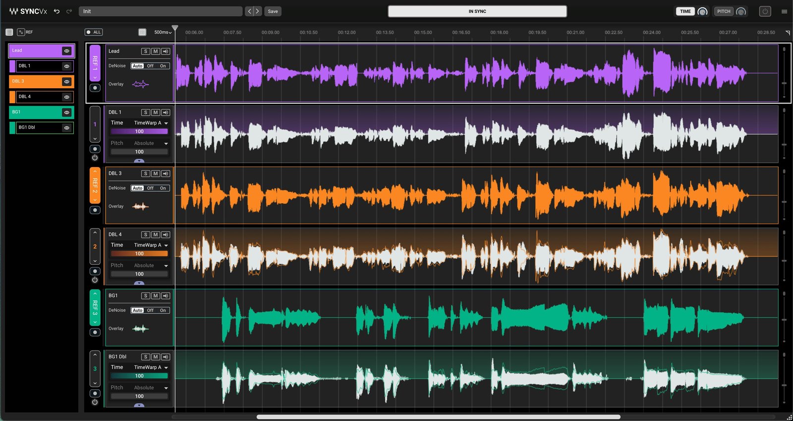 Waves Sync Vx window with colour-coded reference tracks and synced vocal layers below each one
