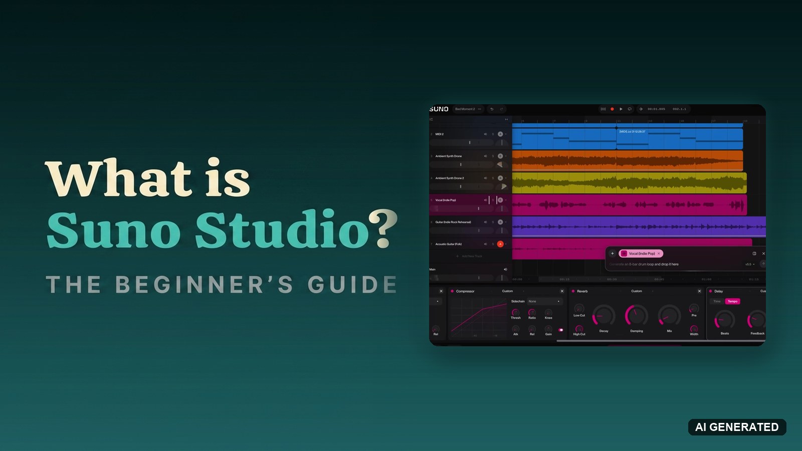 What is Suno Studio, the beginner's guide, beside a Suno Studio session showing coloured tracks on the timeline and the compressor, reverb and delay effects rack