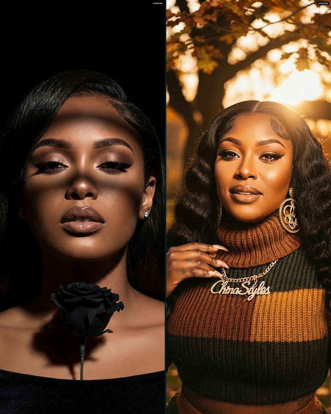 Persona portraits of AI artists Xania Monet, holding a black rose, and China Styles, wearing her name chain