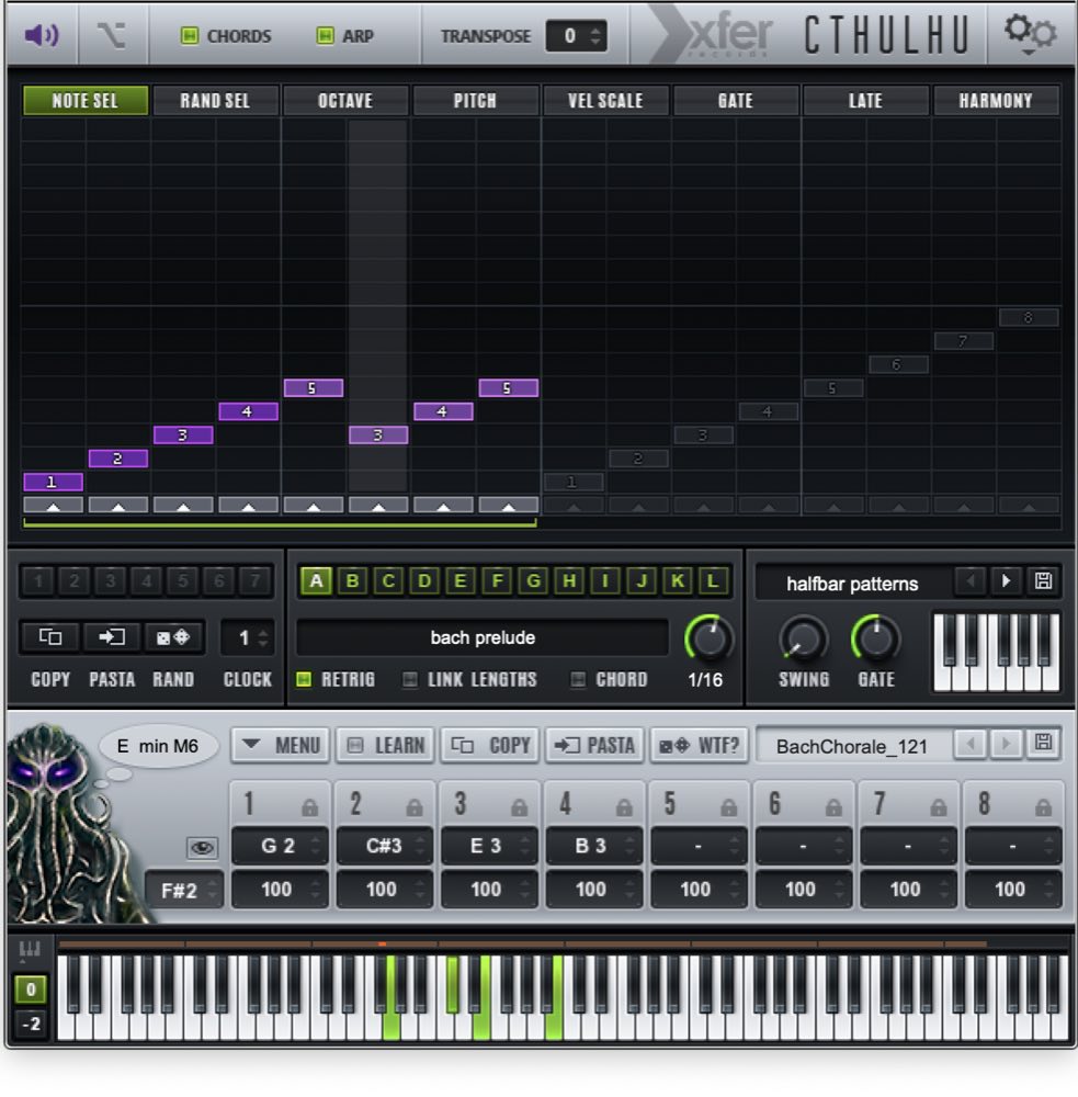 Xfer Cthulhu plugin with the chord memorizer and pattern arpeggiator panels side by side