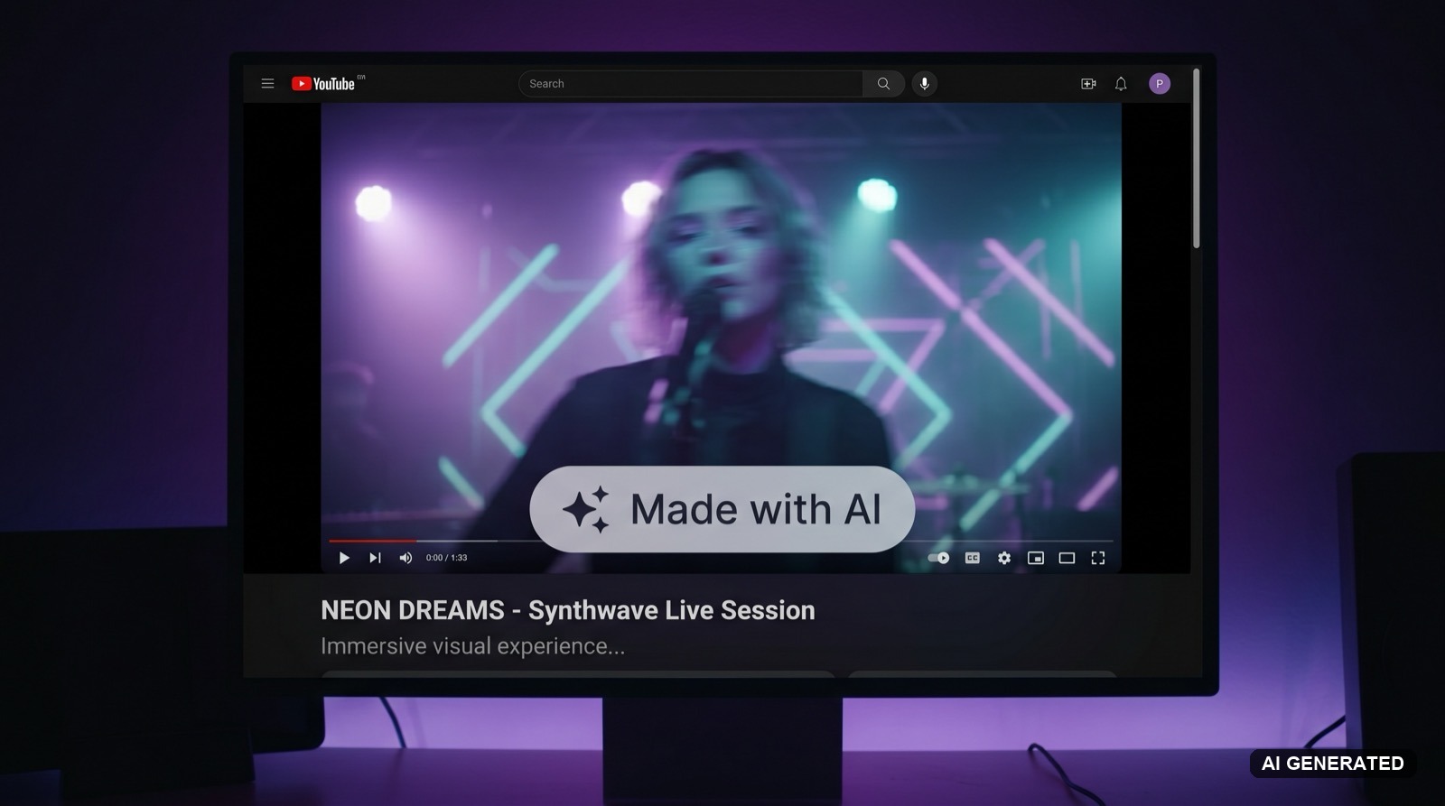 Monitor displaying a YouTube watch page with a Made-with-AI pill overlay on a synthwave music-video frame featuring a vocalist on stage