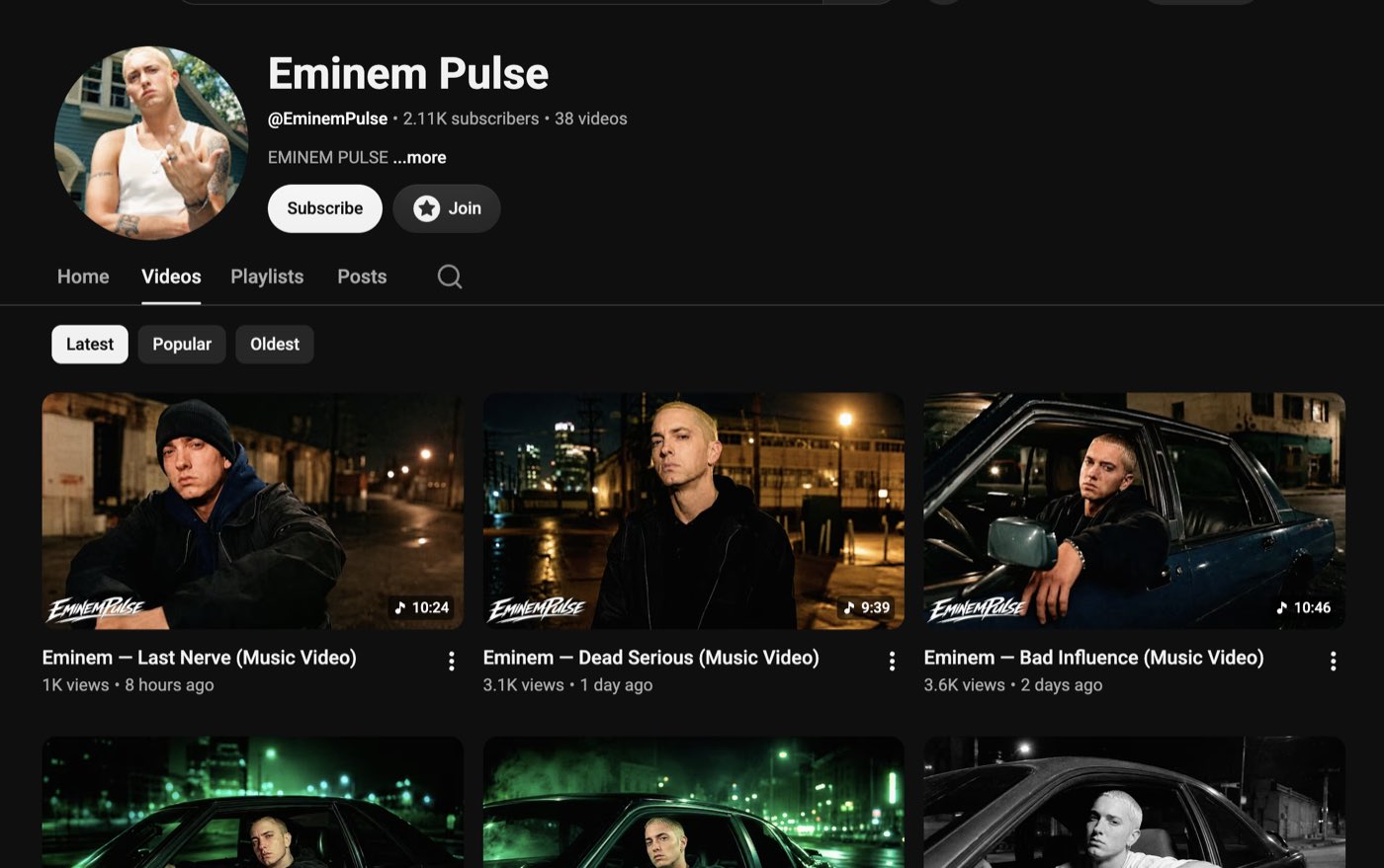 Eminem Pulse YouTube channel page showing 2.11K subscribers, 38 videos and AI-generated Eminem uploads