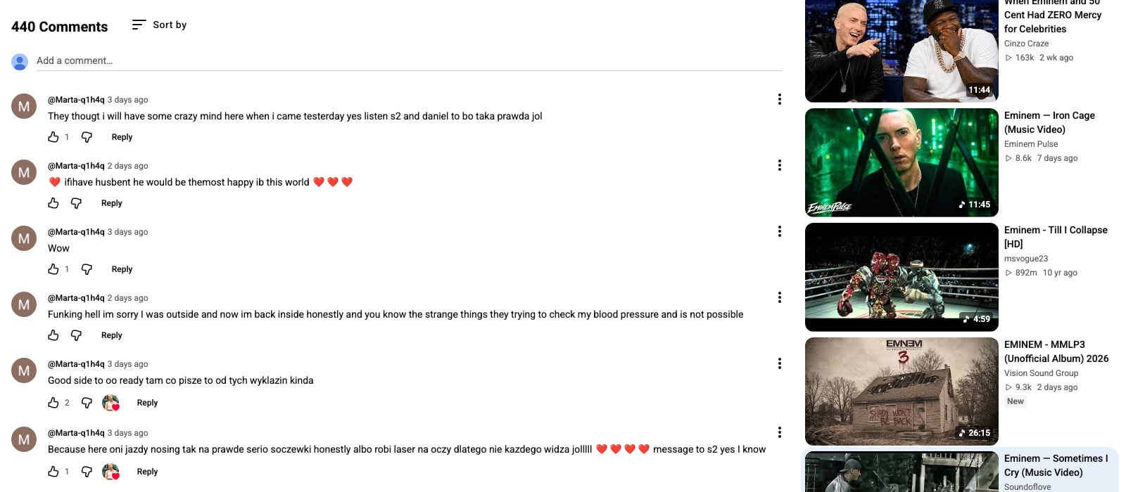 The comment section under the AI Eminem track and YouTube's sidebar recommending more AI uploads under Eminem's name
