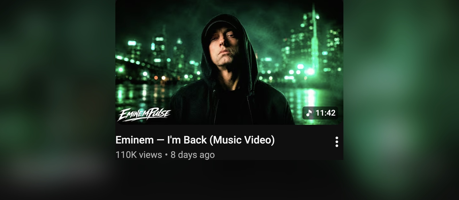YouTube video card for the AI-generated track Eminem — I'm Back on the Eminem Pulse channel, 110K views