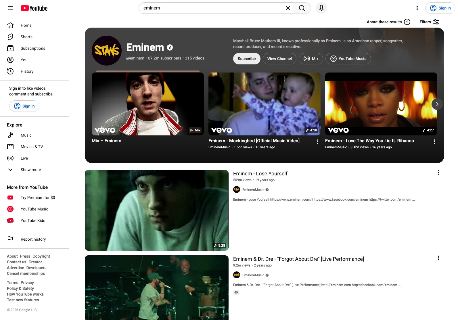 Signed-out YouTube search results for Eminem on September 8 2026, led by official EminemMusic uploads