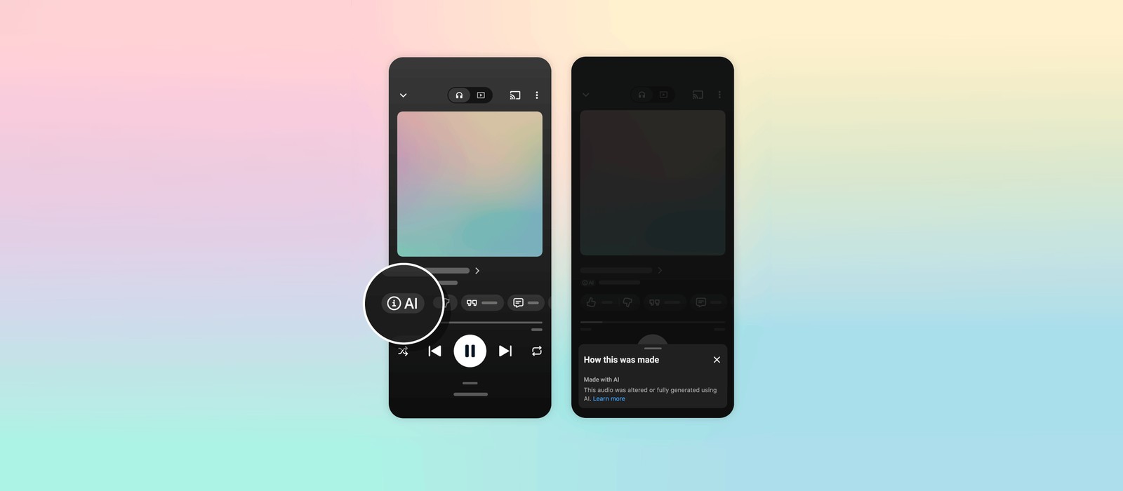 YouTube Music player showing the new AI label and its How this was made panel