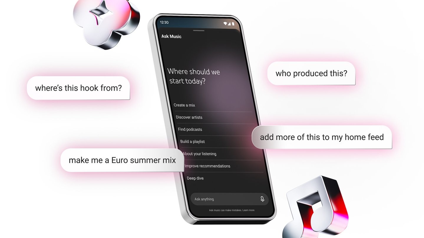YouTube Music's Ask Music screen on a phone, surrounded by prompts like who produced this and make me a Euro summer mix