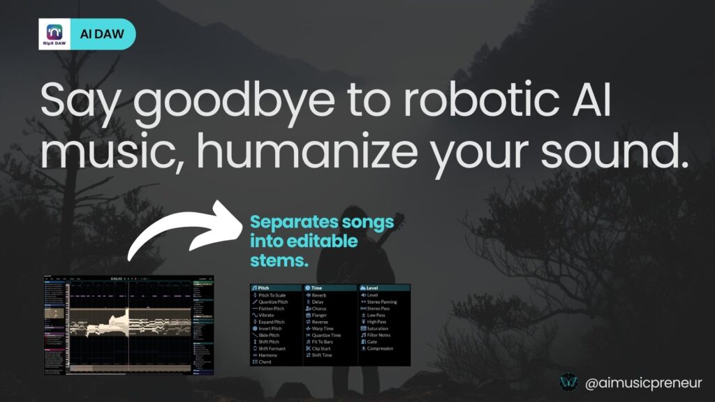 RipX DAW uses cutting-edge AI to decompose audio and give you unprecedented editing power over songs, from extracting individual notes to manipulating entire stems.