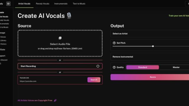 Musicfy leverages AI to automatically turn lyrics and vocals into fully produced songs. Empower your creativity with this intuitive online music studio.