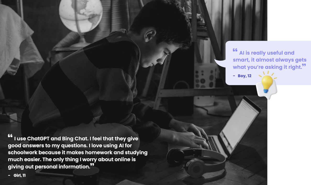 Black-and-white photo of a boy using a laptop with overlay quotes from a 12-year-old and 11-year-old about using ChatGPT for schoolwork