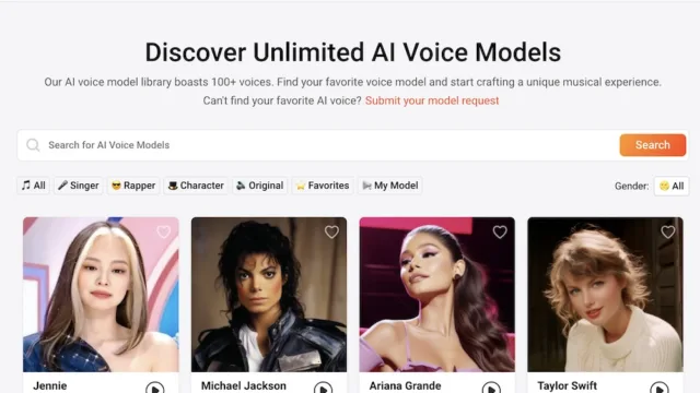 Singify is an AI cover song generator that let's you create songs with voice models of celebrities including Ariana Grande, Michael Jackson and Taylor Swift.
