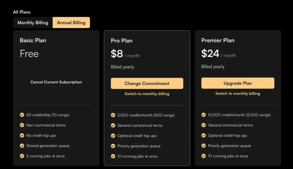 Suno AI has different pricing plans. You can generate up to 10 tracks for free each day. Upgrade to the pro plan to generate up to 250 songs per day for only $8 per month (annual plan).
