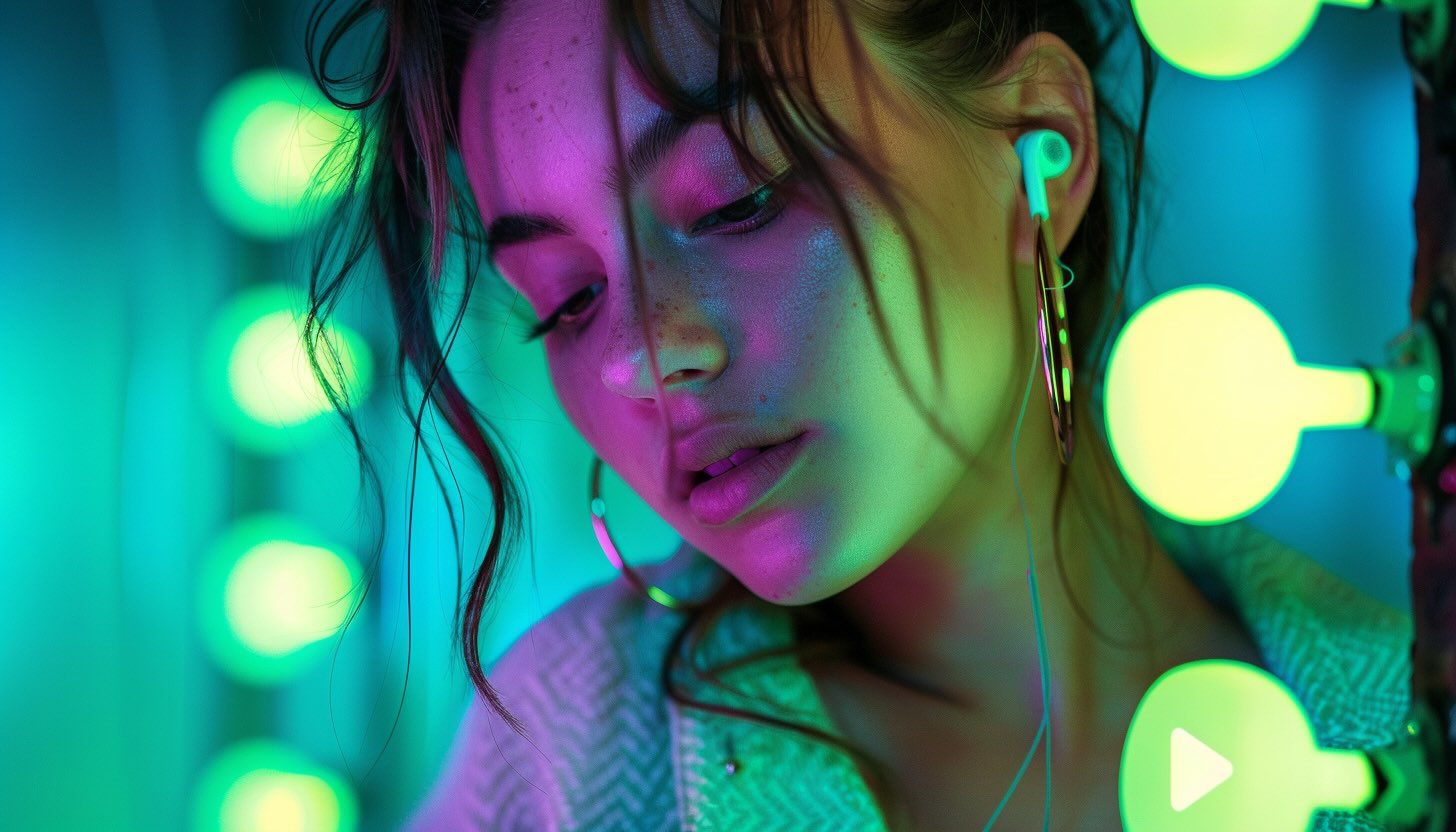 Close-up of a young woman with earbuds looking down, lit by green and magenta neon bokeh lights