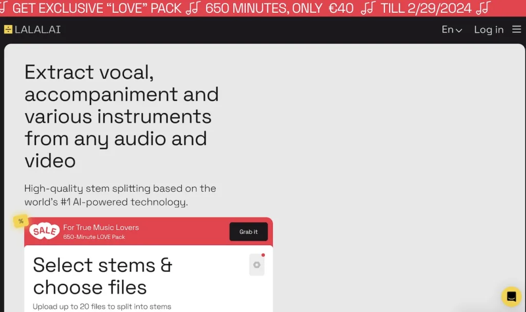 Lalal.ai AI stem splitter and vocal remover interface for isolating tracks