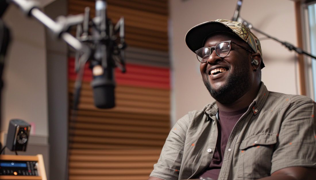 Men in a radio station giving an interview. An effective music press release can help open opportunities for artists.