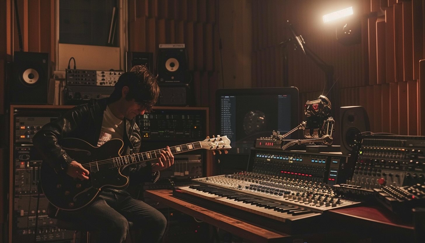 A human guitar player collaborating with a robot operating a mixing console.