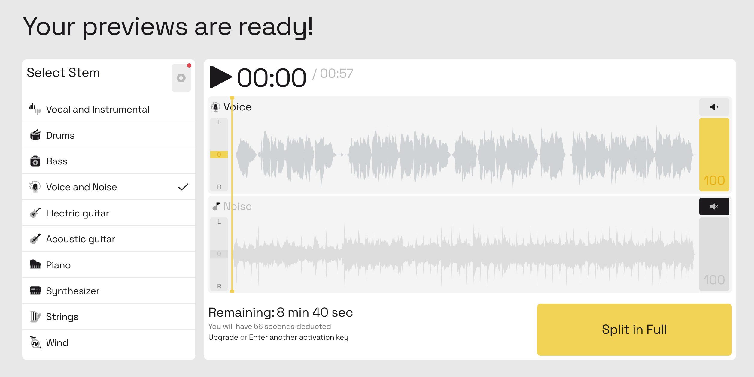 The Lalal.ai AI stem splitter interface showing a preview of a song with separated stems.