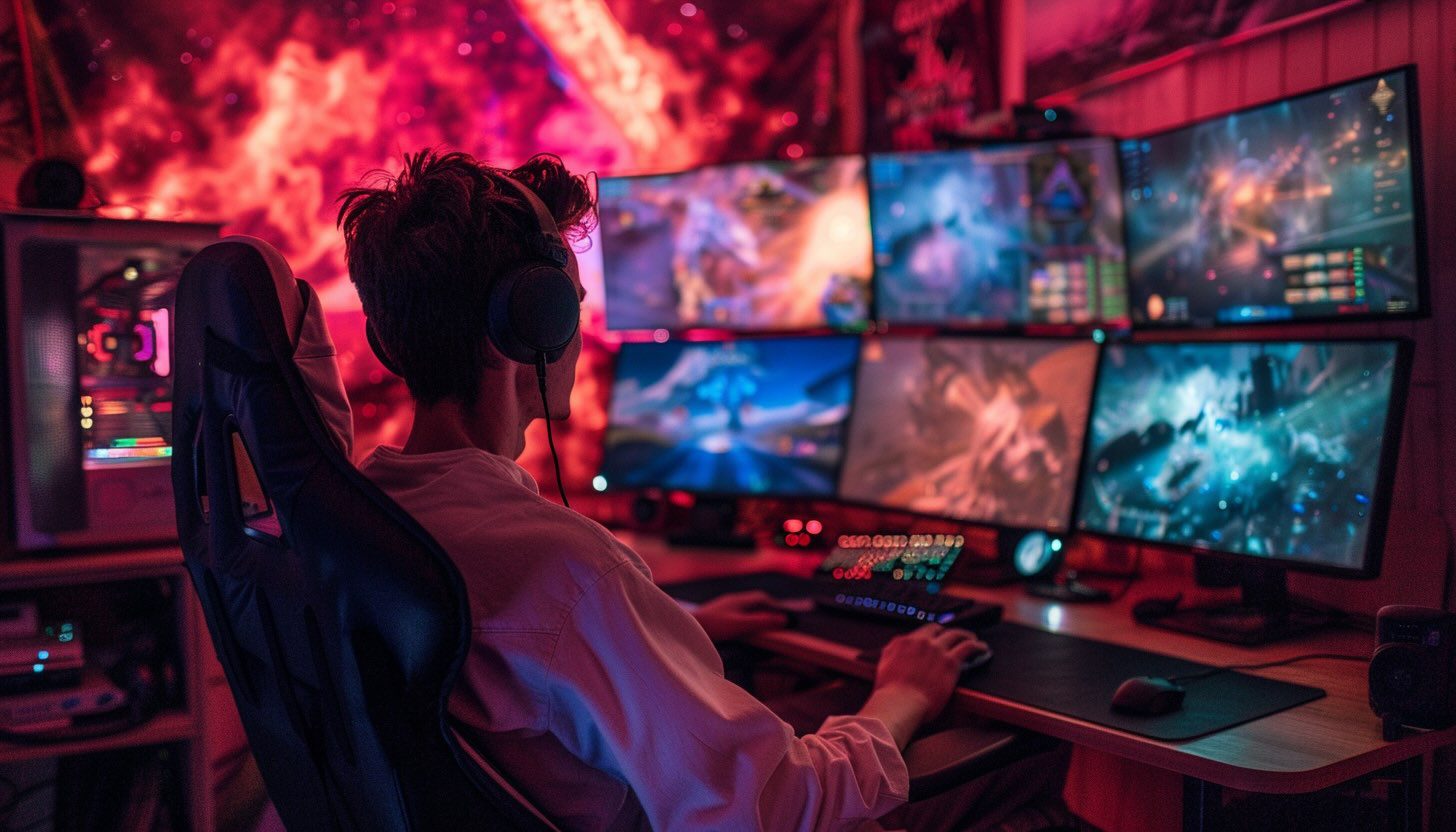 Gamer sitting in his gaming chair playing a video game while listening to soundscapes generated by an AI soundscape generator for the game.