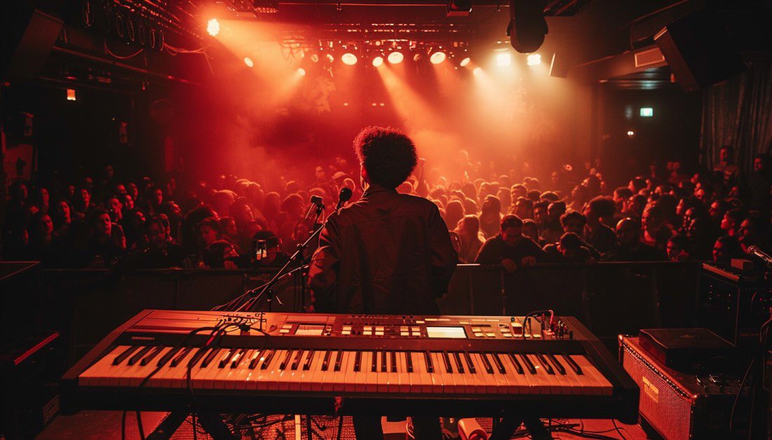 Music artist playing keyboard live. Find the best AI music newsletter here.