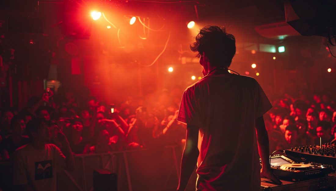 Silhouette of a DJ from behind performing to a red-lit club crowd with mixer in front