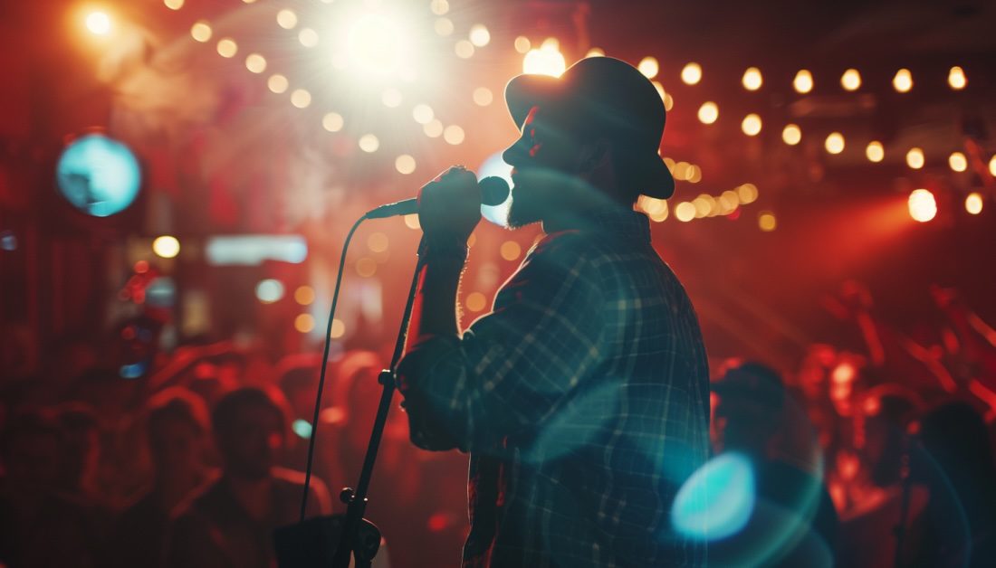 Silhouette of a bearded singer in a hat performing into a microphone under warm string lights