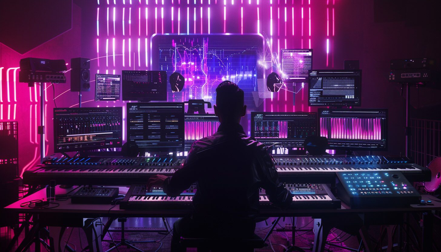 Music producer seen from behind in a futuristic neon-lit studio surrounded by an arc of monitors and keyboards, with magenta vertical light strips on the back wall