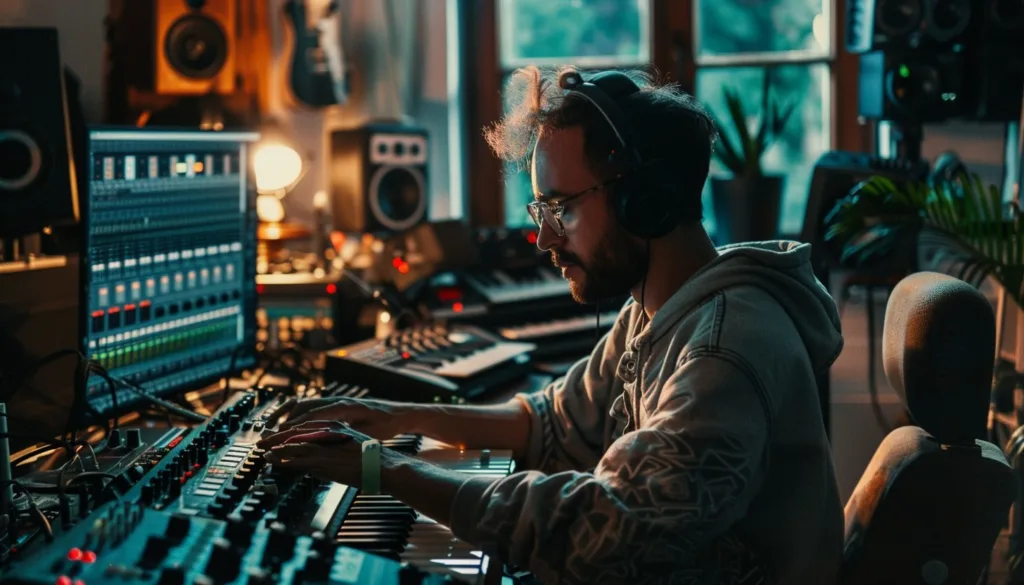 Music producer in a home studio looking concentrated while producing music.
