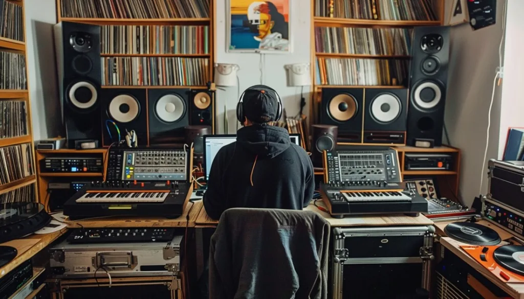 Music producer studio with vinyl records on the wall, illustrating AI music production