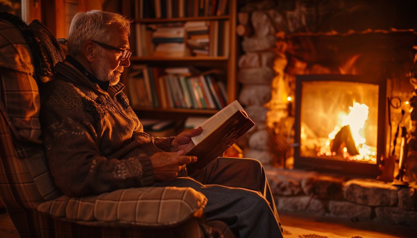 Older man sitting in a chair by the fireplace reading a book, looking relaxed — cinematic mood scene