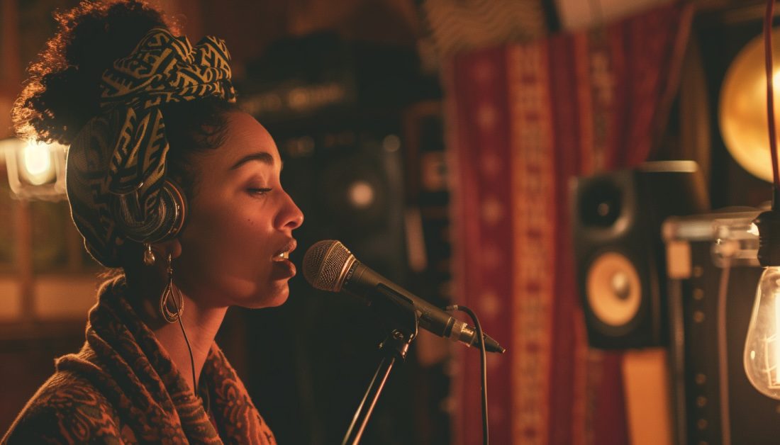 Singer-songwriter in a warmly lit studio singing into a microphone, wearing a printed head wrap and large headphones, with studio monitors and tapestries in the background