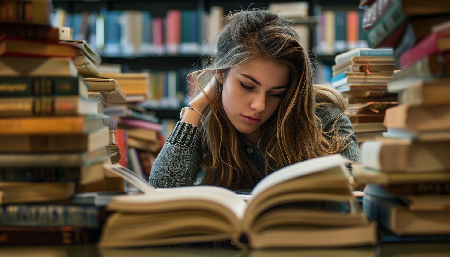 Student in a school library listening to AI-generated soundscapes to focus better.