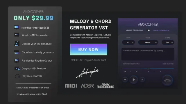 Audiocipher is an AI-powered MIDI plugin that converts text into melodies & chord progressions. ✔ Escape creative blocks & find inspiration ➡ Try it now!