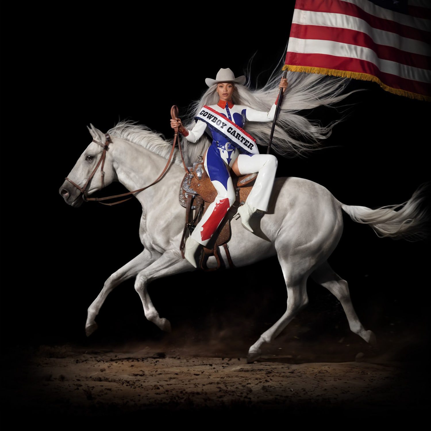 Beyoncé Cowboy Carter album cover with her riding a galloping white horse holding an American flag and wearing a red-white-blue rodeo outfit and cowboy hat