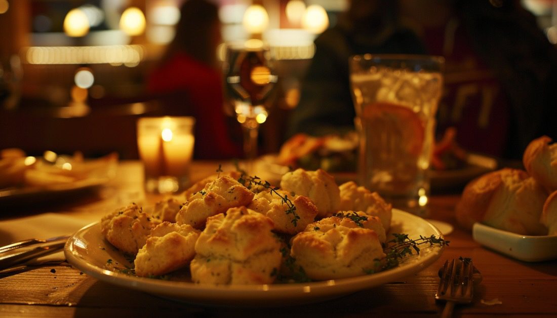 Plate of golden Red Lobster cheddar bay biscuits on a candlelit restaurant table with diners blurred in the background