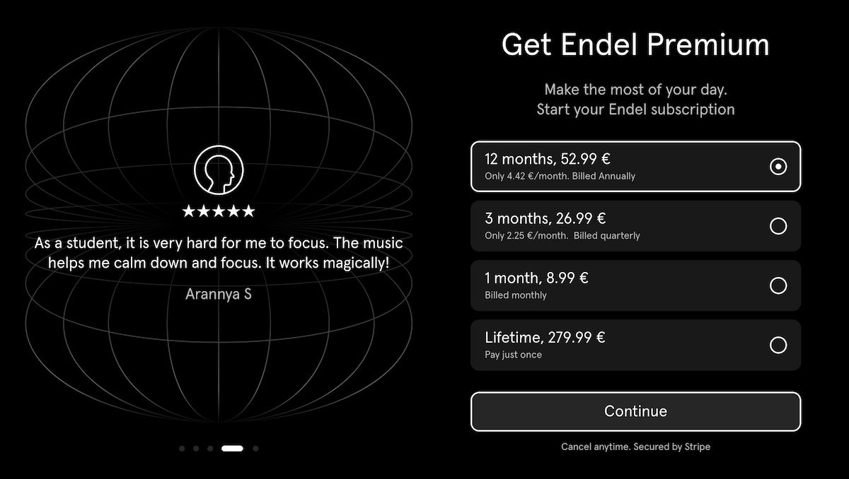 Endel pricing page showing monthly, yearly, and lifetime soundscape generator subscriptions
