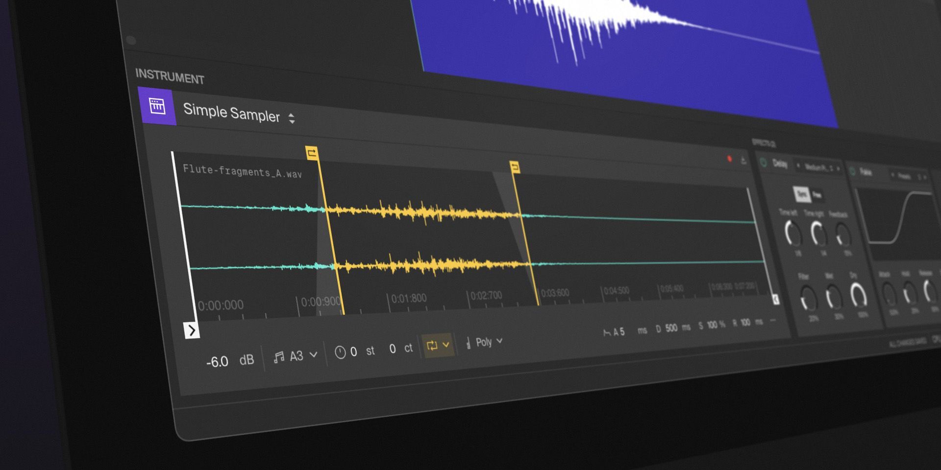 Soundation's Simple Sampler instrument loaded with a 'Flute-fragments_A.wav' file showing teal and gold waveforms, looping markers, key A3, -6 dB gain, and Delay/Reverb effect panels on the right