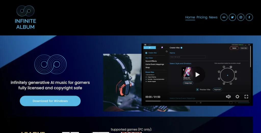 Infinite Album is an innovative AI music generator designed for gamers and streamers. With Infinite Album, you can create endless streams of copyright-safe, AI-generated music that reacts in real-time to your gameplay.