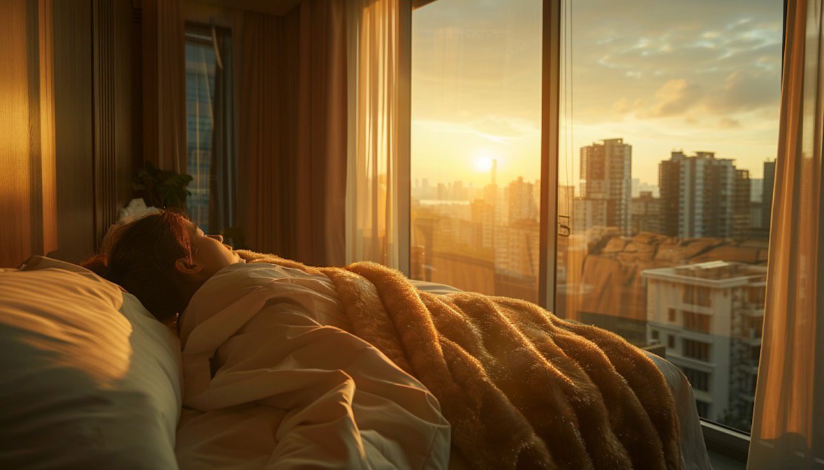 Person relaxing with personalized AI sleep music from a soundscape generator