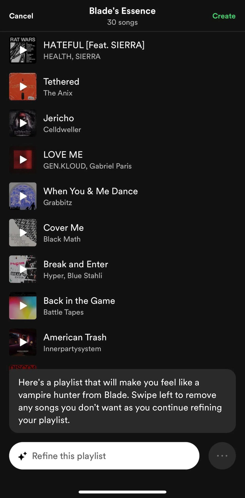 Example Spotify AI Playlist generated from the prompt 'make me feel like a vampire hunter from Blade (1998)', shown as a tracklist titled 'Blade's Essence' with rave-style techno songs