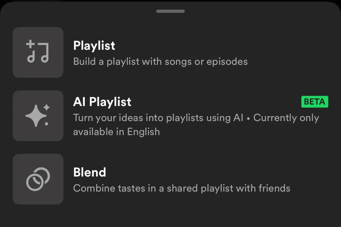 Spotify mobile interface showing how to find the AI Playlist feature: open Your Library, tap the + button in the top-right, then select AI Playlist from the drop-down menu