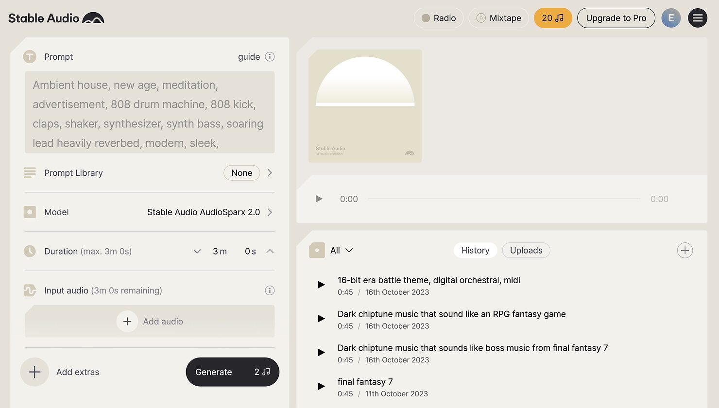 Stable Audio AudioSparx 2.0 web app with an ambient house prompt, generation history of chiptune tracks, and a Generate button