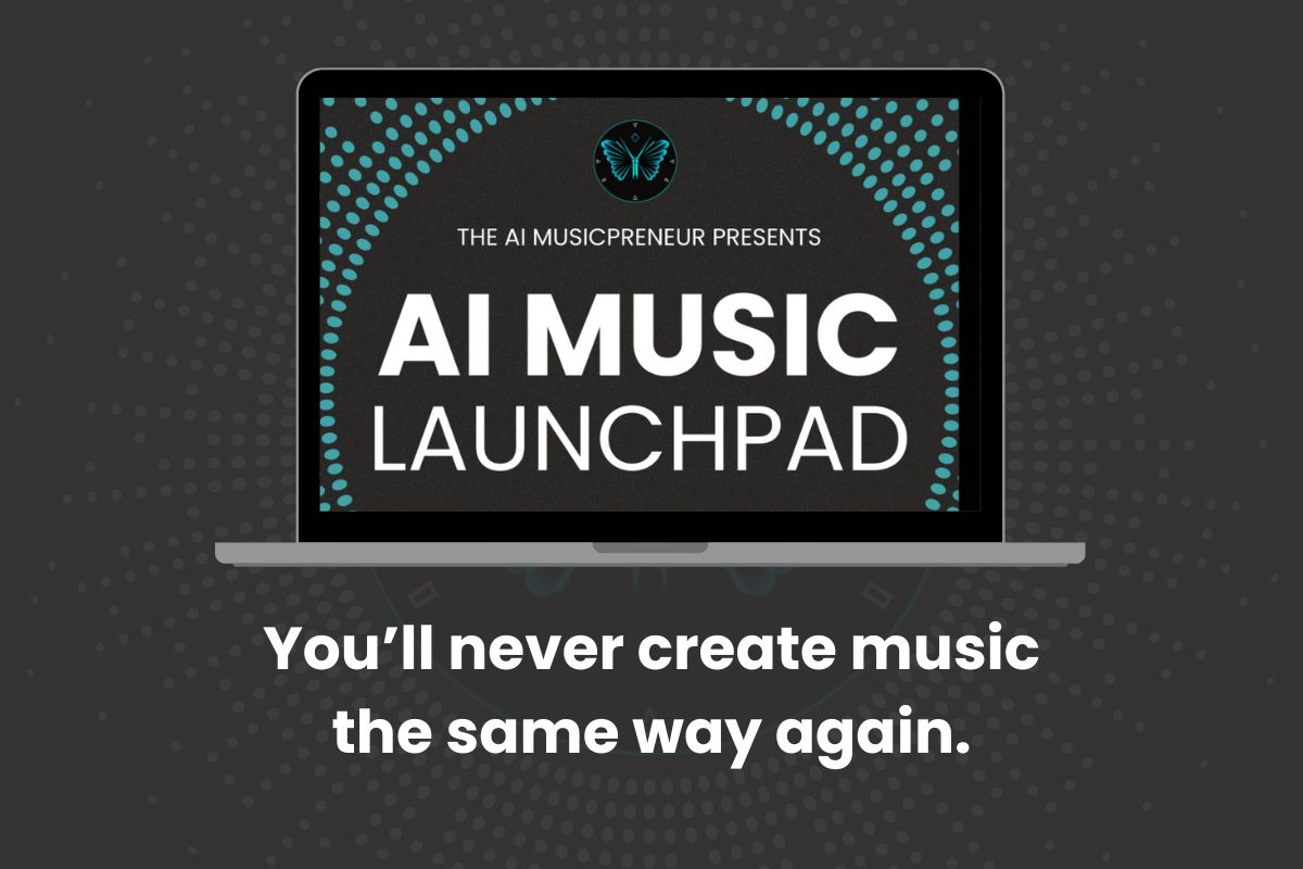 AI Music Launchpad course splash screen by The AI Musicpreneur on a laptop display