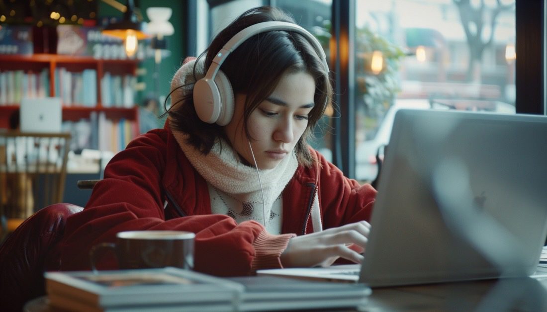 Young woman in a red coat and large pink headphones working on a laptop in a coffee shop with bookshelves behind her