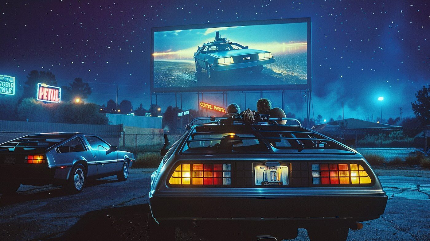 Drive-in cinema with two DeLoreans parked under a starry sky watching a Back to the Future screening