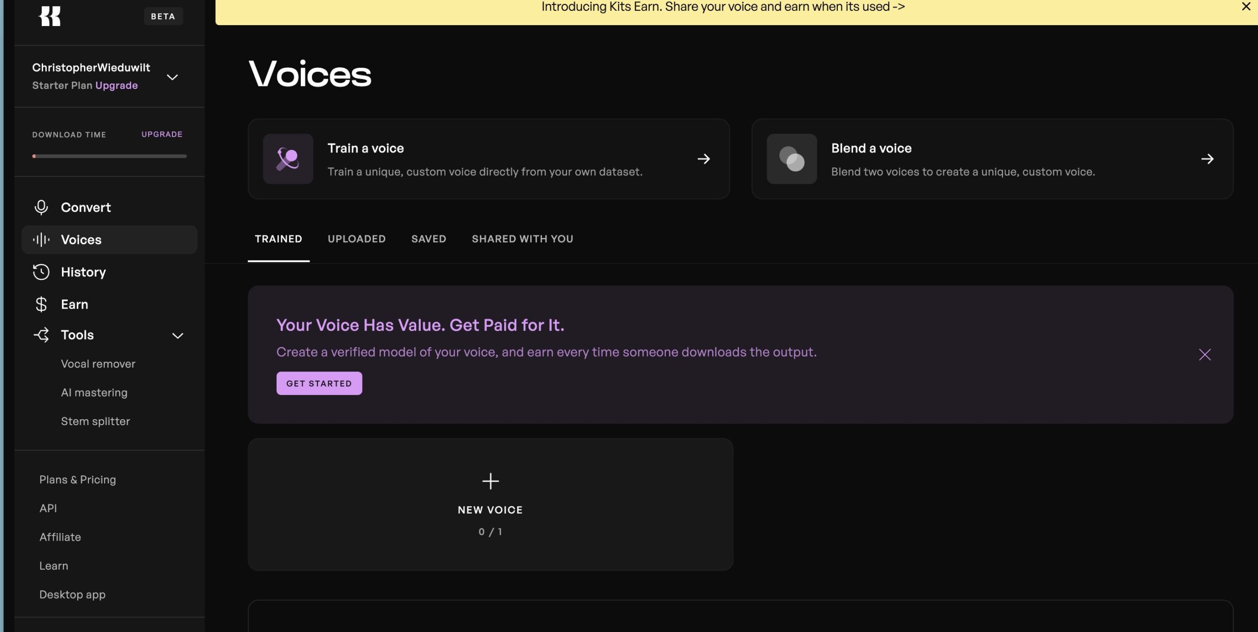 Kits AI Earn announcement banner — passive income with AI voice cloning
