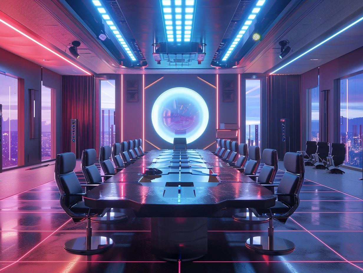 Music industry leaders seated around a table in a modern boardroom discussing business.