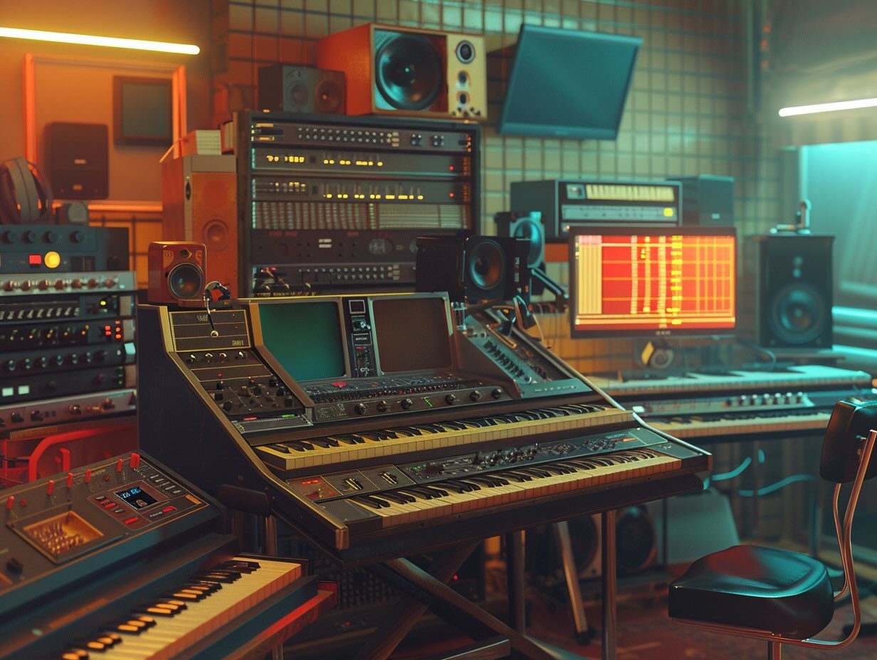 A music studio with numerous synthesizers, speakers, and audio equipment arranged neatly. Warm, ambient lighting creates a cozy atmosphere. The room has a grid-like design on the walls.