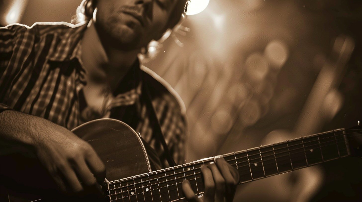 Man in a plaid shirt playing an acoustic guitar, in a sepia-toned, dimly lit setting with blurred lights behind him.