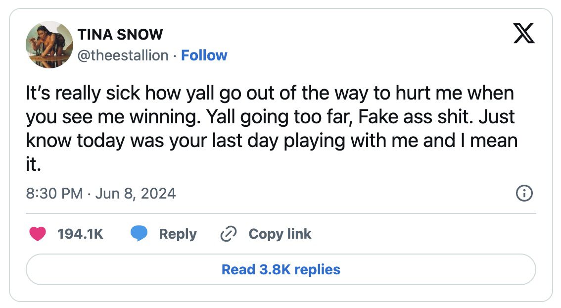 Screenshot of Megan Thee Stallion's X post responding to viral fake AI footage on June 8 2024