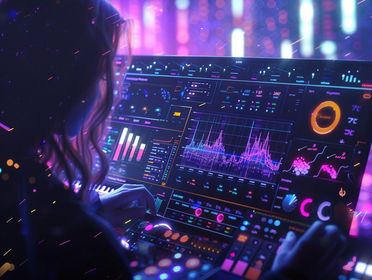 A person operates a high-tech control panel with multiple screens displaying graphs and data visualizations. The scene is bathed in purple and blue light, creating a futuristic ambiance.